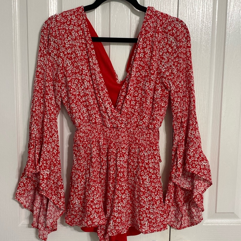 Red floral long sleeve romper